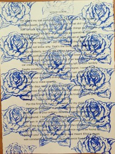 rose stamp print blue acrylic on text paper